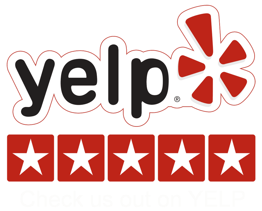 Yelp logo with bold black and white lettering, a red starburst icon, and five white stars on a red background below the logo, perfect for top-rated pavers businesses.
